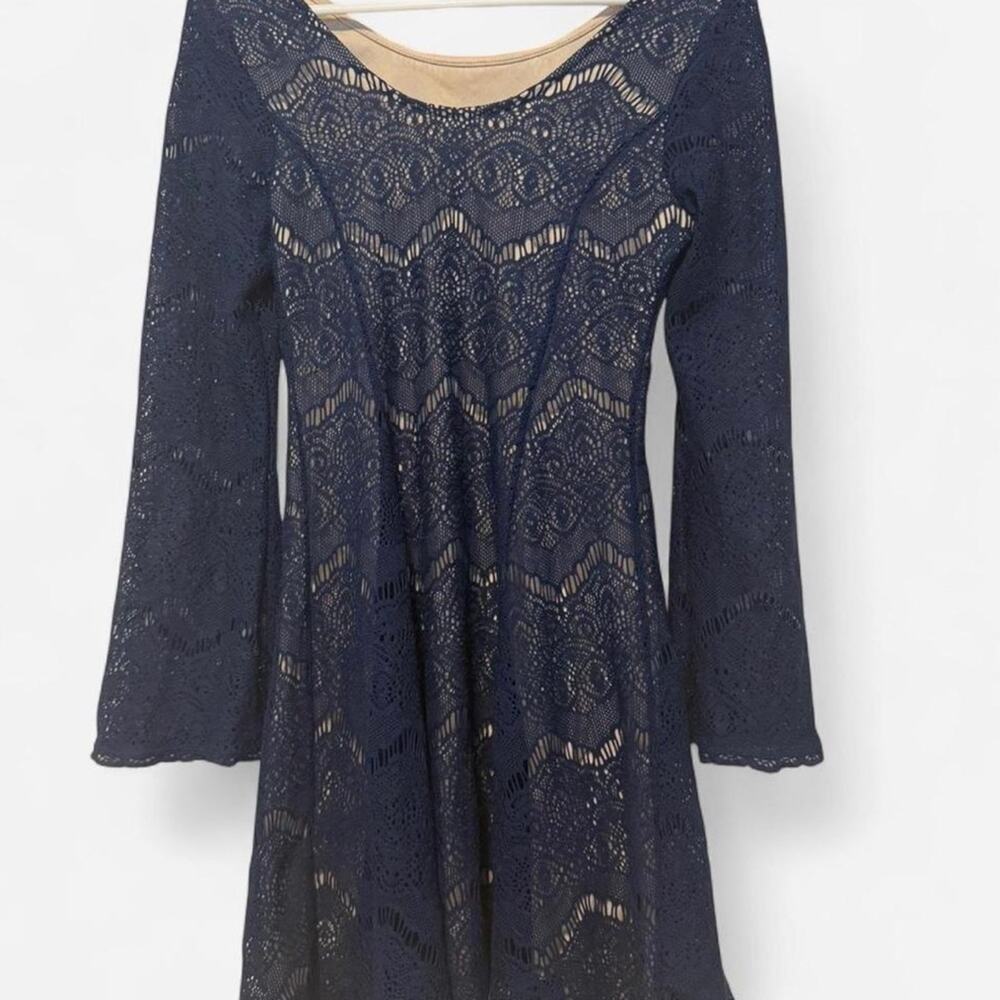 Xhilaration navy lace skater dress with bell sleeves size medium